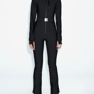 Black Form-Fitting Jumpsuit with High Neckline and Flared Legs